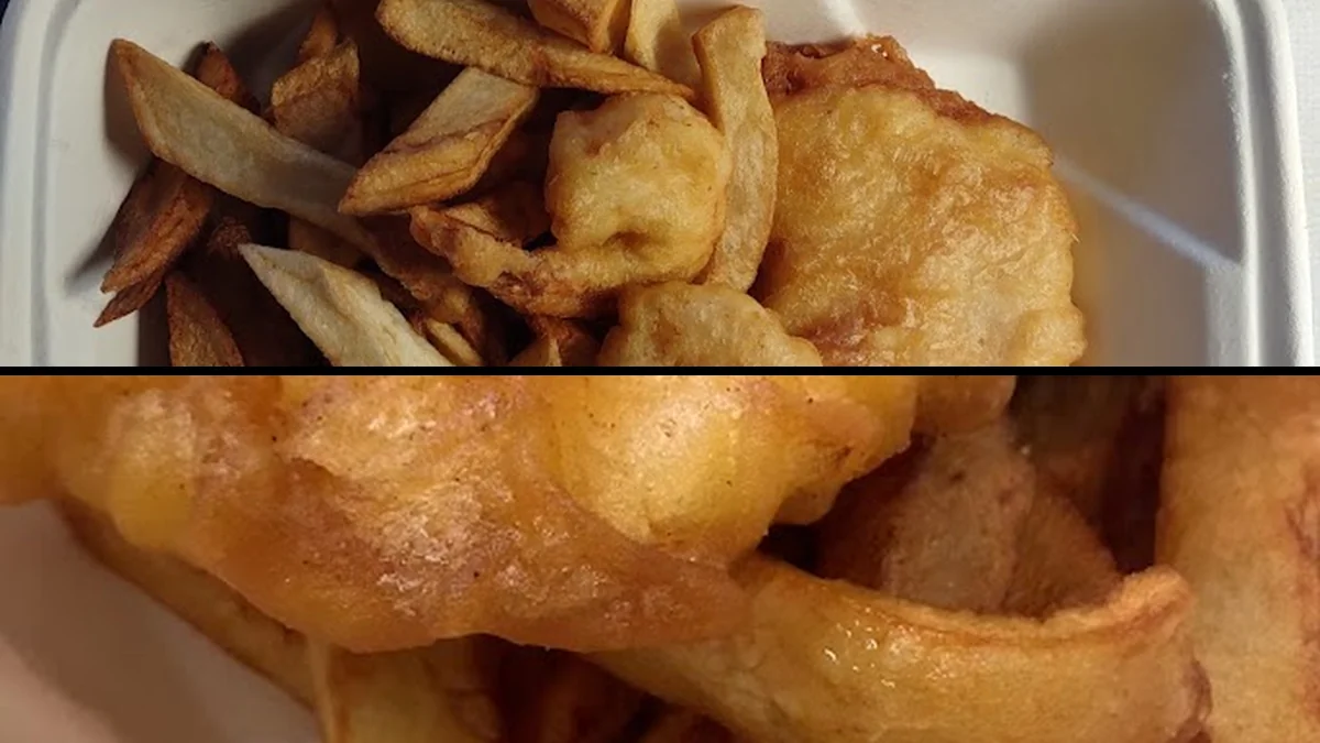 Fish and chips on a simple plate.